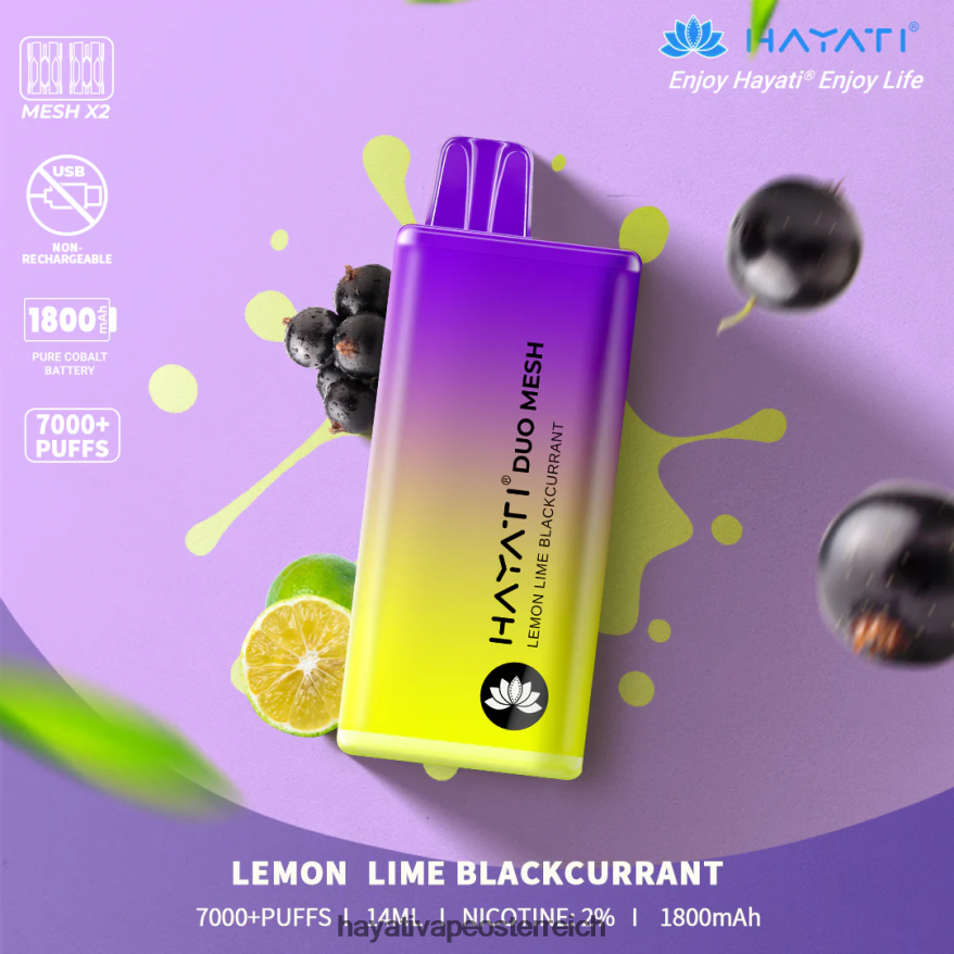 Hayati Vape Shop - Hayati Duo Mesh Einweg Zitrone, Limette, schwarze Johannisbeere PZRL6R187