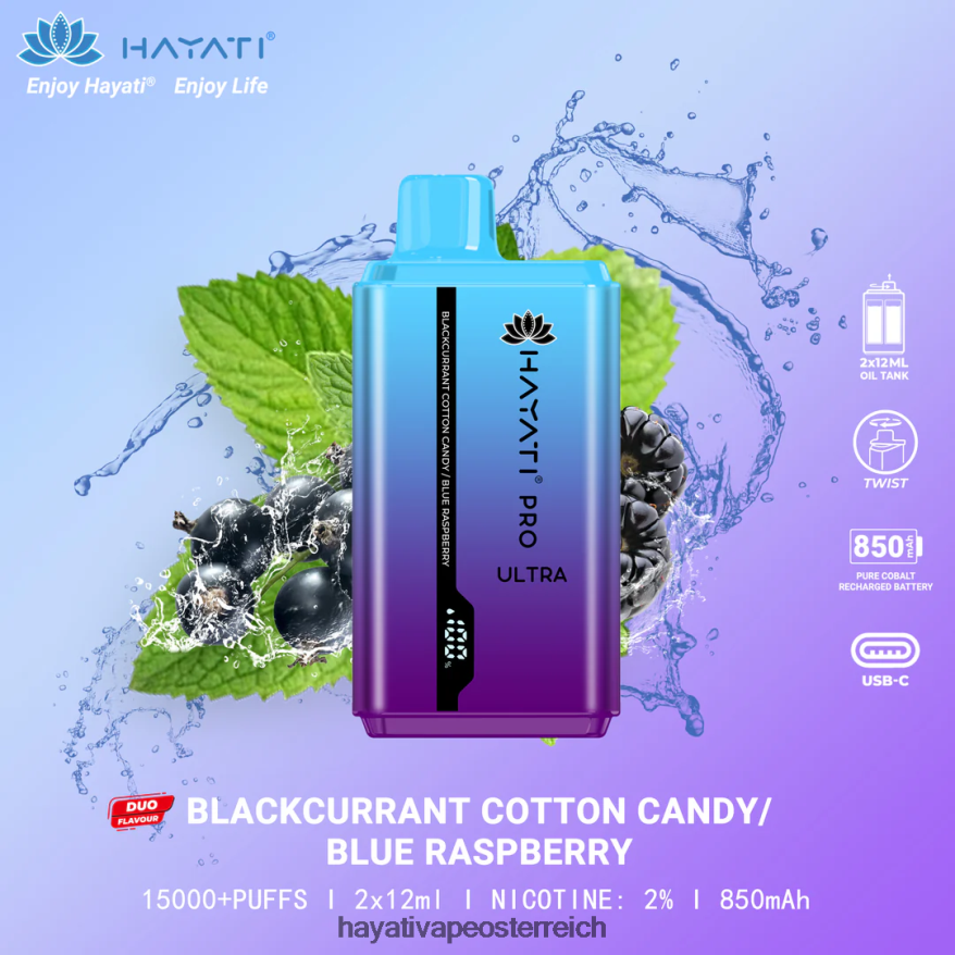 Hayati Store Österreich - Hayati Pro Ultra Einweg 15000 Züge schwarze Johannisbeere, Zuckerwatte/blaue Himbeere PZRL6R216