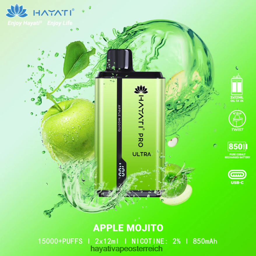 Hayati Vape Flavours - Hayati Pro Ultra Einweg 15000 Züge Apfel-Mojito PZRL6R200