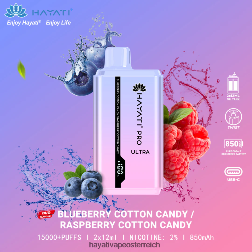 Hayati Vape Flavours - Hayati Pro Ultra Einweg 15000 Züge Blaubeer-Zuckerwatte/Himbeer-Zuckerwatte PZRL6R220