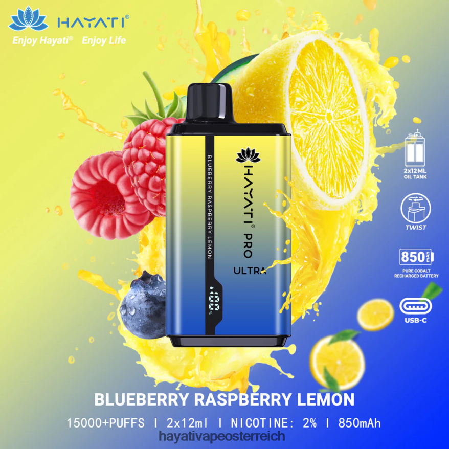 Hayati Vape Shop - Hayati Pro Ultra Einweg 15000 Züge Blaubeer-Himbeer-Zitrone PZRL6R197