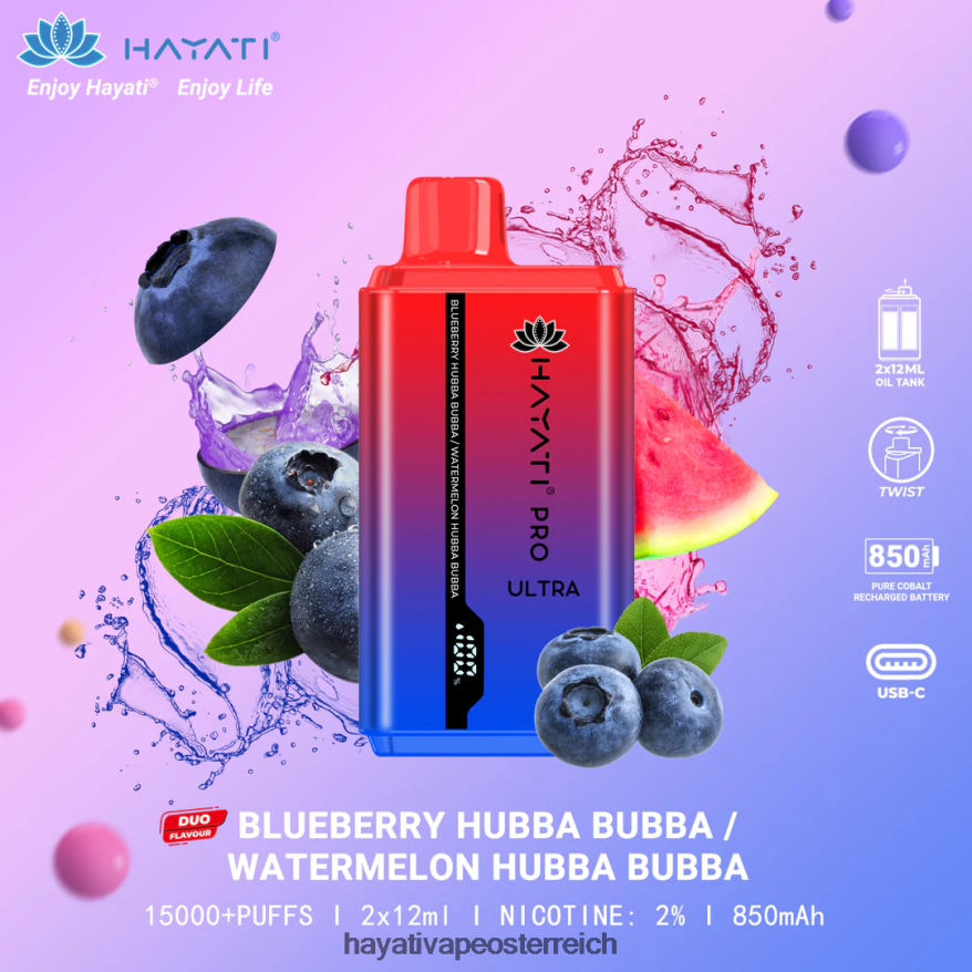 Hayati Vape Shop - Hayati Pro Ultra Einweg 15000 Züge Blaubeer-Hubba-Bubba/Wassermelonen-Hubba-Bubba PZRL6R217
