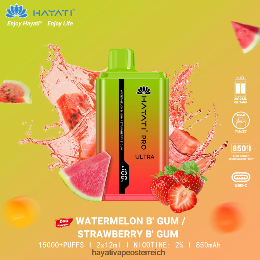 Hayati Vape Shop - Hayati Pro Ultra Einweg 15000 Züge Wassermelonen-Kaugummi/Erdbeer-Kaugummi PZRL6R227