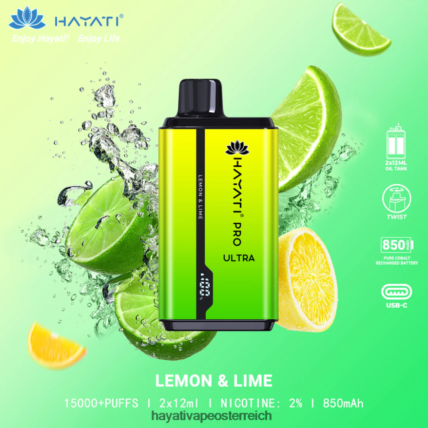 Hayati Vape Österreich - Hayati Pro Ultra Einweg 15000 Züge Zitrone und Limette PZRL6R203