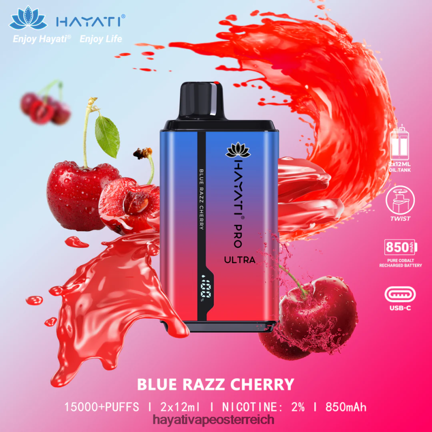 Hayati Vape Österreich - Hayati Pro Ultra Einweg 15000 Züge blaue Razz-Kirsche PZRL6R193