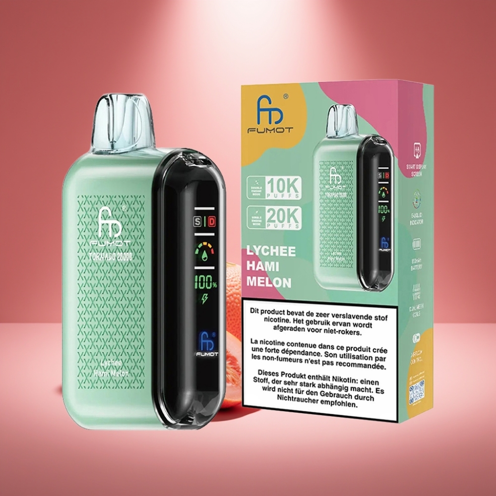 Fumot Tornado 20000 Puffs Litschihonigmelone mit Dual Mesh Coil und Smart Display