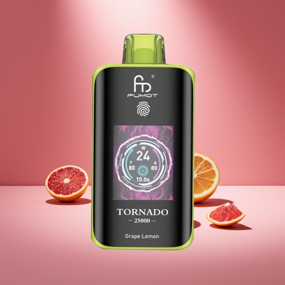 Fumot Tornado 25000 Puffs Disposable Vape Traube Zitrone mit HD Bildschirm und 20ml E-Liquid