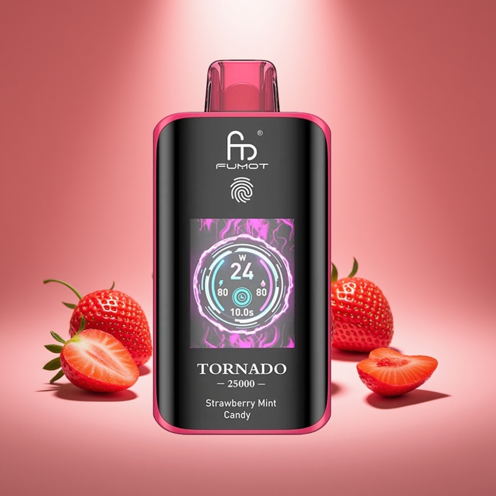 Fumot Tornado 25000 Puffs Erdbeer Minze Bonbon mit HD Bildschirm und 700mAh Akku