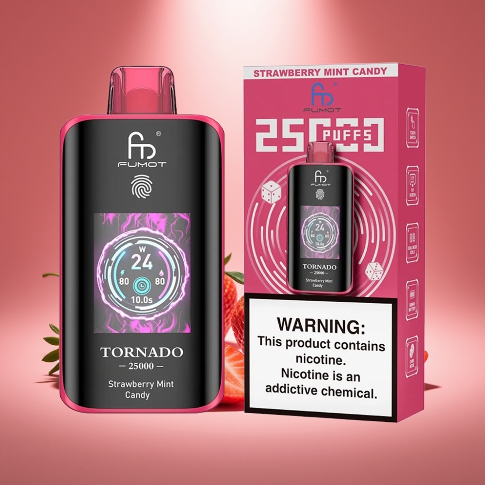Fumot Tornado 25000 Puffs Erdbeer Minze Bonbon mit HD Bildschirm und 700mAh Akku