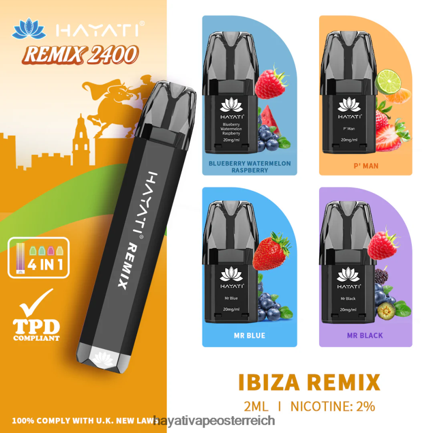 Hayati Flavour List - Hayati Remix vorgefülltes Pod-System, 2400 Züge Ibiza-Remix PZRL6R55