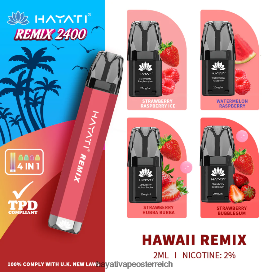 Hayati Flavours - Hayati Remix vorgefülltes Pod-System, 2400 Züge Hawaii-Remix PZRL6R54