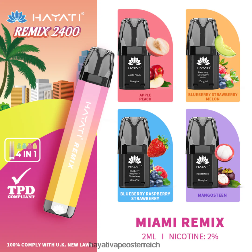 Hayati Store Österreich - Hayati Remix vorgefülltes Pod-System, 2400 Züge Miami-Remix PZRL6R56