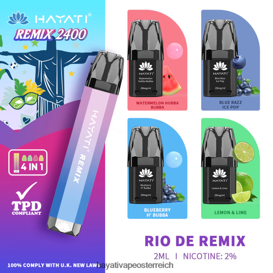 Hayati Vape Shop - Hayati Remix vorgefülltes Pod-System, 2400 Züge Rio de Remix PZRL6R57